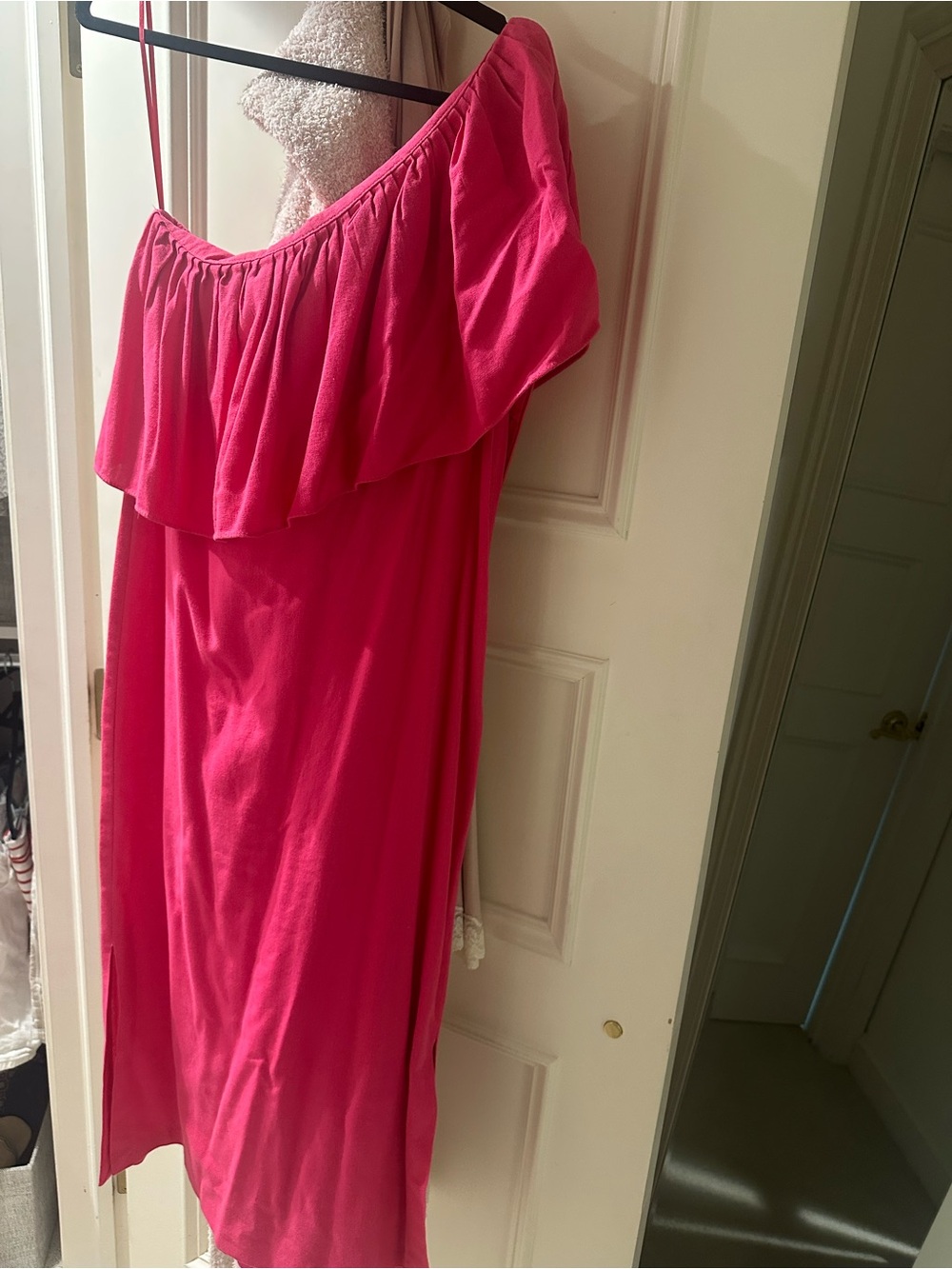 Pomander Place One-Shoulder Ruffle Dress in Hot Pink - Picture 2 of 3